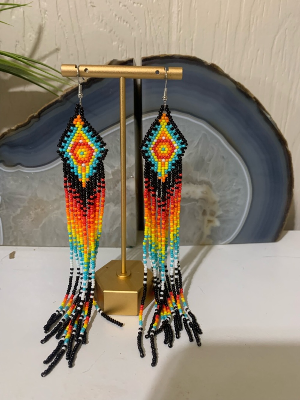 Boho Multicolor Beaded Fringe Earrings - Black, Turquoise & Orange